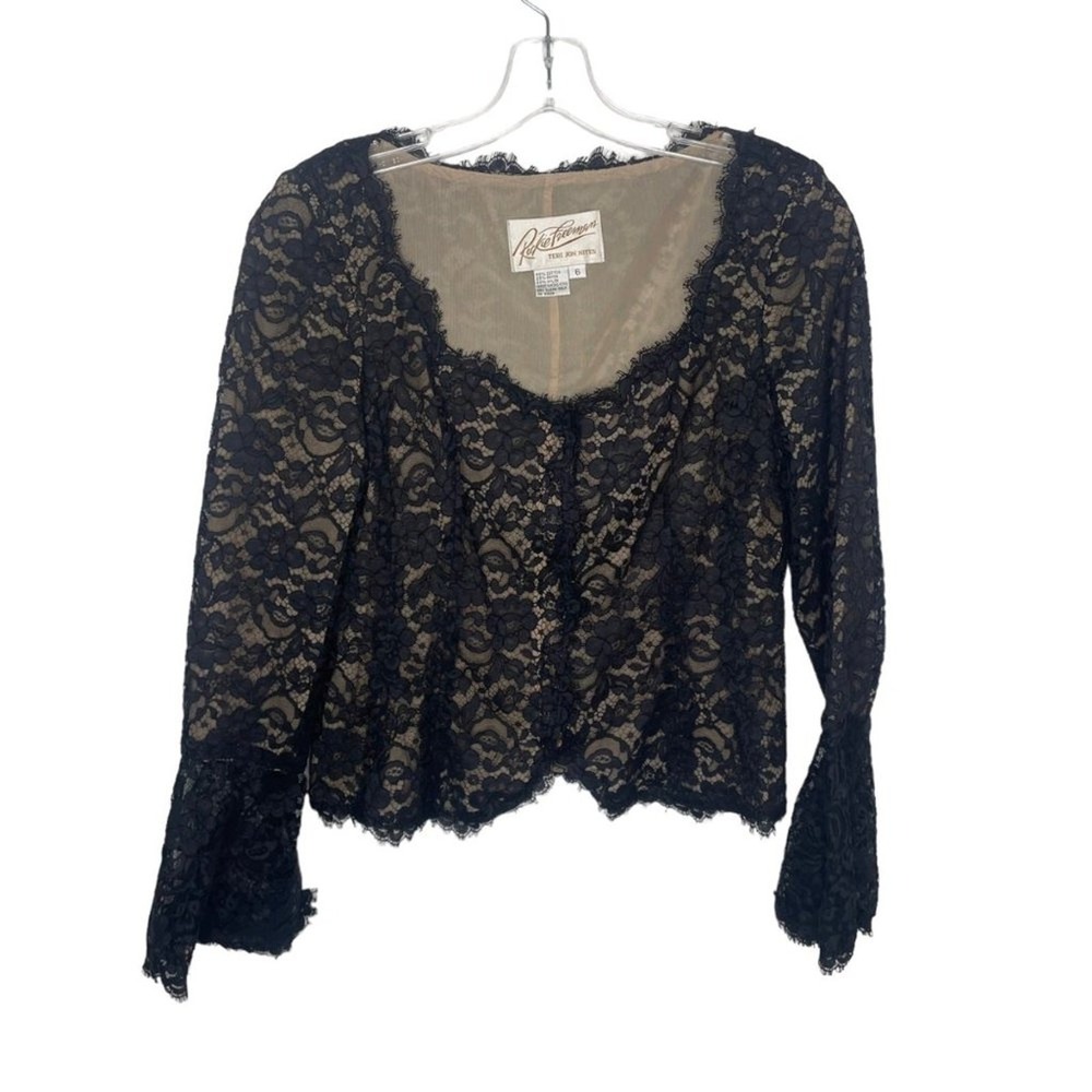 Rickie Freeman Teri Jon Nites Black Floral Lace Bell Sleeve Evening Top 6